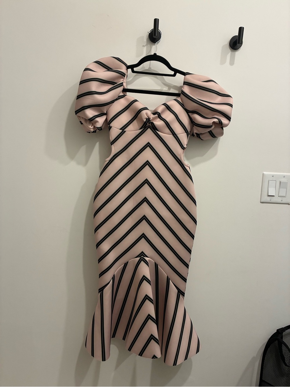 ASOS Pink and Black Chevron Puff Sleeve Midi Dress